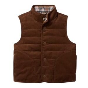 Janie And Jack Vest Kids 10-12 Brown Corduroy Quilted Snap Puffer Plaid Lined